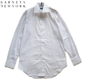 美品日本製!!バーニーズニューヨーク BARNEYS NEW YORK*ストライプ織り柄ストレッチコットンナイロンドレスシャツ 41-88 XL 白 ホワイト