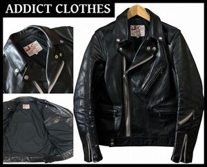 ■ 希少 美品 ADDICT CLOTHES アディクトクローズ 初期 AD-03 BRITISH ASYMMETRY JACKET 馬革 ホースハイド レザー ダブル ライダース 黒 M