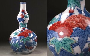 ∇花∇人間国宝【十三代今泉今右衛門】作 錦芙蓉門瓢瓶(花瓶) 高さ22cm 共箱付 生命感溢れる花々