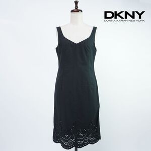 新品未使用 DKNY ダナキャランニューヨーク ノースリーブワンピース 膝丈 裏地なし 裾デザイン レディース 黒 ブラック サイズ6*RC1271