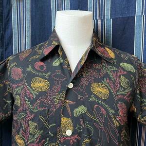 50s 60s arrow half sleeve shirt usa 50年代 60年代 アロー 総柄 海洋動物 シャツ アメリカ製 黒 ヴィンテージ 開襟 ボックスシャツ