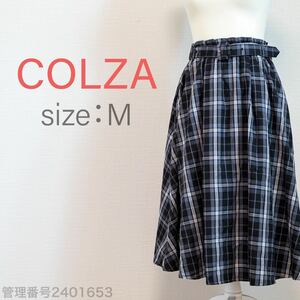 【送料無料】COLZA(コルザ)ウエストゴム入り　ベルト付き　チェック柄ミディ丈フレアスカート　M