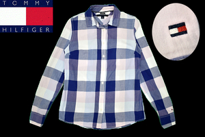 Y-6770★送料無料★美品★TOMMY HILFIGER トミーヒルフィガー CLASSIC FIT★正規品 ロゴ刺繍 ブルー×ピンク チェック 長袖 シャツ XS