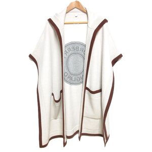 美品 BURBERRY バーバリー カシミヤブレンド サークルロゴ フーデッド ポンチョ ケープ ONE SIZE アイボリー×ブラウン ◆