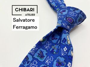 【超美品】Salvatore Ferragamo　フェラガモ　動物柄　ネクタイ　3本以上送料無料　ブルー　0904270