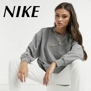 S 新品 ナイキ スウェット ショート丈 クルー トレーナー NIKE ウィメンズ レディース スウッシュ スウェットクルー グレー