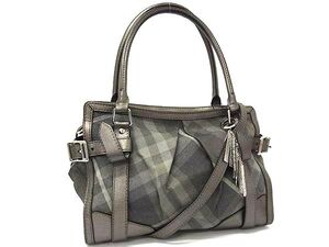 1円 BURBERRY バーバリー キャンバス×レザー ラメ チェック柄 2WAY クロスボディ ショルダーバッグ ハンドバッグ グレー系 FI6239