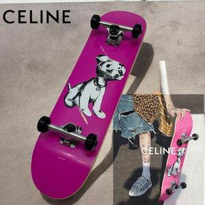 展示品 正規品 CELINE HOMME セリーヌオム Skate Board With Dog Detail ドッグ プリント 木製 スケートボード フランス製 ピンク