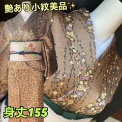 艶あり小紋美品✨黄金色に下がり枝の花柄　地模様入り　身丈155 優美で華やか