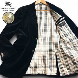 極美品/Lサイズ ●BURBERRY BLACK LABEL バーバリー ブラックレーベル ●銀ボタン ベロア テーラードジャケット 裏地ノバチェック ブラック