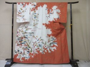 1円 中古 正絹 着物 訪問着 縮緬 式典 和装 アンティーク 草花のシルエットデザイン 袷 身丈153cm 裄62cm【夢職】★★★