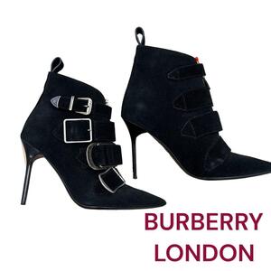 バーバリー　ロンドン　美形　スエード　ショートブーツ　37　M4F444　BURBERRY LONDON　黒　ブラック　本革　24cm