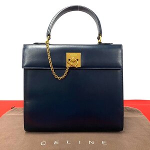 極 美品 希少品 CELINE セリーヌ ヴィンテージ ガンチーニ 金具 レザー 本革 ハンドバッグ ショルダーバッグ ネイビー 紺 レディース 26671