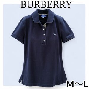 バーバリー　レディース　ポロシャツ　ノバチェック　ワンポイント　半袖　ネイビー　 BURBERRY M L　ホースロゴ