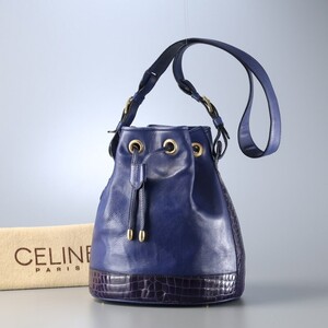 MG9674▼イタリア製▼セリーヌ CELINE*ヴィンテージ*レザー×クロコ型押しレザー*巾着 ショルダーバッグ 肩掛け鞄*ブルー×パープル系