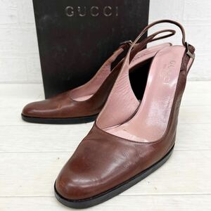 1416◎ イタリア製 GUCCI グッチ 靴 シューズ ストラップ ラウンドトゥ ハイ ヒール リアル レザー カジュアル ブラウン レディース35.5