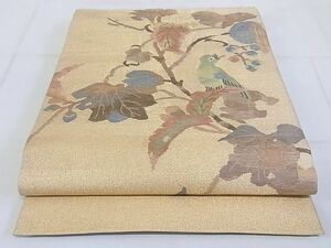 平和屋-こころ店■太鼓柄袋帯　明綴れ　枝花に休み鳥　金糸　正絹　逸品　AAAF6084Bjd