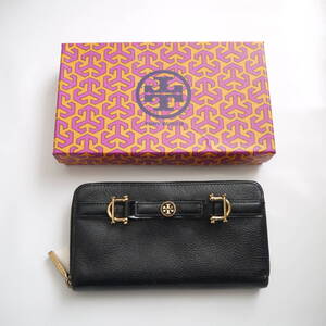 $ 美品 $ 激レア ◆ TORY BURCH ◆ トリーバーチ ◆ ラウンドファスナー 長財布 ◆ ベルト ロゴ 本革 レザー製 ◆ 黒 ブラック ◆ 送料無料