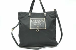 1円〜 プラダ 2way ハンドバッグ トート ロゴ テスート ナイロン サフィアーノ レザー 黒 ブラック PRADA 0190h