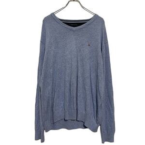 TOMMY HILFIGER コットンニット セーター XL ライトブルー トミーヒルフィガー Ｖネック ワンポイントロゴ 古着卸 アメリカ仕入 a608-6366