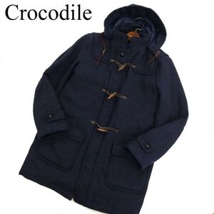 Crocodile クロコダイル 秋冬 ロゴタグ ウール100％★ 裏キルティング ダッフルコート Sz.M　メンズ ネイビー　C3T08680_A#N