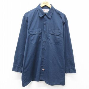 L/古着 ディッキーズ Dickies 長袖 ワーク シャツ メンズ 00s ロング丈 紺 ネイビー 25jan16 中古 トップス