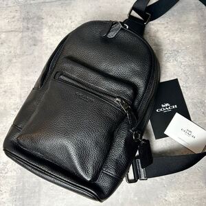 ◆未使用級/希少◆COACH コーチ メンズ ビジネス ボディバッグ ショルダー 斜め掛け ウエスト パック 型押し オールレザー 本革 ブラック