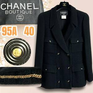 ☆美品☆CHANEL シャネル ツイード ジャケット ヴィンテージ ココボタン 95A ボタン12個 ココマーク 黒 ブラック VINTAGE チェーン 金