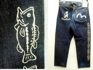 ◇即決[W35]濃紺 EVISU 2113 初期 DOWLUCK 黒金U無タブ 片ポケット 尾錠 シンチバック ブラックバス ペイント エヴィス デニム パンツ■803