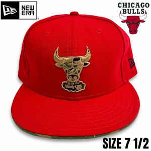 希少■NEW ERA (ニューエラ)× CHICAGO BULLS (シカゴブルズ) NBA 59FIFTY ロゴ刺繍 ベースボールキャップ 赤 迷彩 7 1/2 60㎝ 日本未入荷