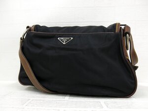 ◆美品◆PRADA プラダ◆ナイロン カーフ レザー 本革◆ショルダー バッグ◆ブラック ブラウン シルバー金具◆イタリア製◆フラップ◆A8946