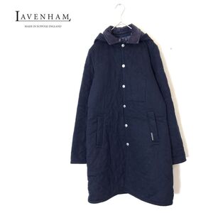 1N2253-N◆イギリス製◆ LAVENHAM ラベンハム キルティングコート フード取り外し可◆size38 ネイビー ウール ポリ 中綿