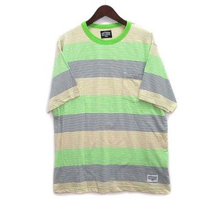 未使用品 ステューシー STUSSY マルチ ボーダー クルーネック Tシャツ 半袖 ポケット グリーン ベージュ チャコール L メンズ