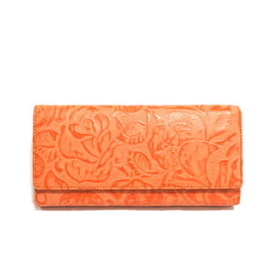 お花型押し レザー長財布 レディース 本革 新品 オレンジ　検索：牛革 ファスナー小銭入れ たくさん 入る　かわいい 見やすい 綺麗 さいふ