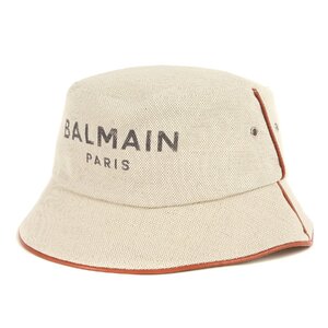 美品 BALMAIN バルマン ハット サイズ:2 23SS ブランドロゴ キャンバス バケットハットCotton and leather B-Army bucket hat ナチュラル