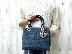 極美品 Christian Dior クリスチャン ディオール レディディオール カナージュ ハンドバッグ トートバッグ バッグ デニム×レザー青 75146Y