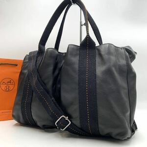 1円●極美品●HERMES エルメス キャラバンMM 2WAY ハンドバッグ ネイビー ショルダーバッグ オレンジステッチ 斜め掛け トートバッグ 紺