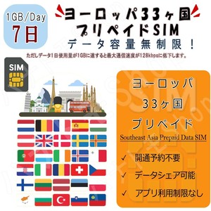 ヨーロッパ33カ国対応 海外SIM プリペイドSIM ヨーロッパ 1日1GB利用 7日間 4G LTE データ専用 海外出張 海外旅行 短期渡航