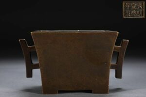 【瓏】古銅鏨刻彫 戟耳香炉 大明宣徳年製 古置物擺件 銅器 中国古賞物 蔵出