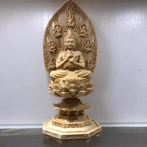 上品/綺麗 総檜材　仏教工芸品　木彫仏教　精密彫刻　仏師で仕上げ品 釈迦牟尼仏像　檜木 高約31cm