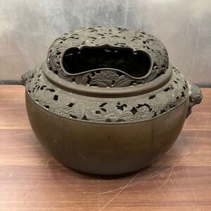 火鉢 金属工芸 工芸品 骨董品 持ち手付き 年代物 希少　住まい コレクション 中国美術 茶道具 時代物