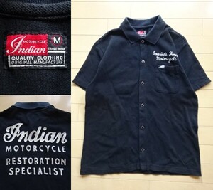 【Indian MOTORCYCLE】チェーン刺繍入り 前開き 半袖 ポロシャツ ブラック SIZE:MEDIUM (インディアンモーターサイクル)