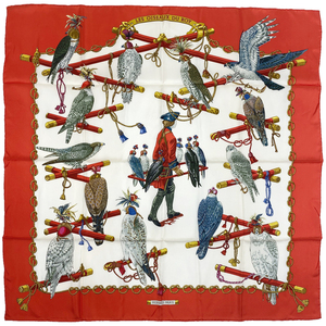 エルメス HERMES カレ 90 LES OISEAUX DU ROY 王の鳥たち スカーフ シルク レッド マルチカラー レディース 【中古】