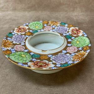 九谷焼 金彩 色絵 灰皿 花詰 牡丹 花柄 陶器 カラフル 飾り 工芸品 インテリア タバコ シガー 置物 奈良発 直接引き取り可 香炉 手描き