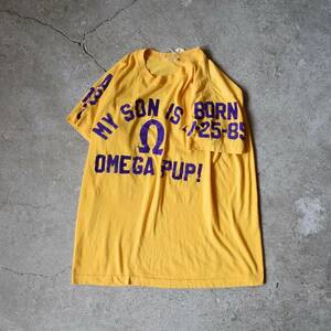 80s フロッキープリントTシャツ SCREEN STARS 表記L 黄色 綿ポリ ビンテージ USA 古着