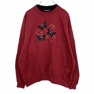 ダブルネック スウェットトレーナー レディース 2XL～ ボルドー 刺繍 蝶々 古着卸 アメリカ仕入 t2112-3278