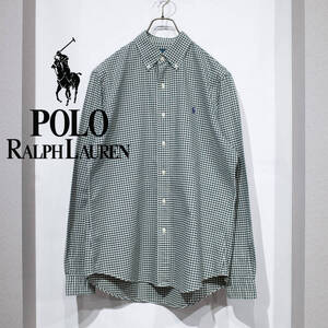 M / 90s POLO RALPH LAUREN ポロラルフローレン ギンガムチェック オックスフォード B.Dシャツ 長袖 カスタムフィット 緑 グリーン 古着