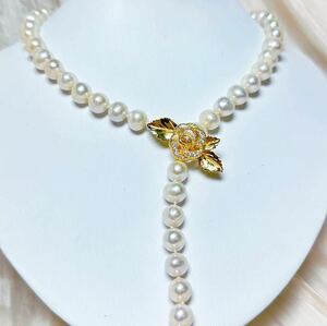 綺麗！薔薇デザイン！天然パールネックレス8-9mm 55cm necklace jewelry Pearl 天然パールネックレス真珠