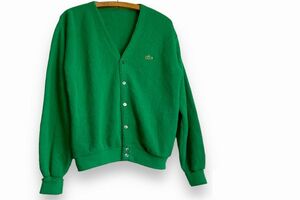 グッドカラー!!80sビンテージLACOSTEラコステワンポイントオーロンアクリルニットカーディガンML相当グリーンアメカジストリートnr24497