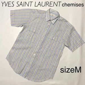 ■希少リネン×コットン■Yves saint Laurent イヴサンローラン　半袖シャツ　sizeM チェック　樫山製　マルチカラー